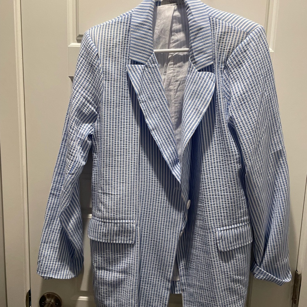 TALULAH Blue and White Jumpsuit Elegant Striped Design